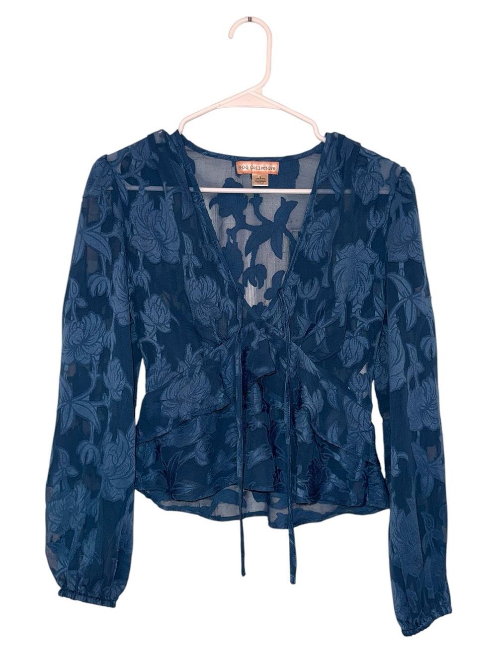 B•O•G COLLECTIVE Sheer Navy Floral Embroidered Peplum Blouse